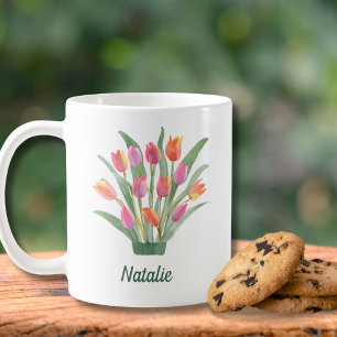 Watercolor Potted Tulips Monogram  Coffee Mug