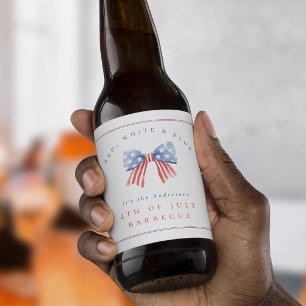 Watercolor Preppy Bow Red White Blue July 4th BBQ Beer Bottle Label
