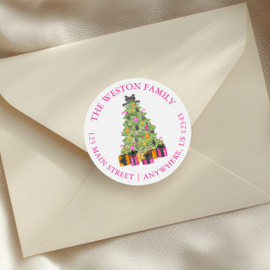 Watercolor Preppy Bright Christmas Tree Address Classic Round Sticker