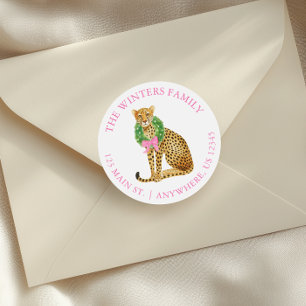 Watercolor Preppy Christmas Leopard Classic Round Sticker
