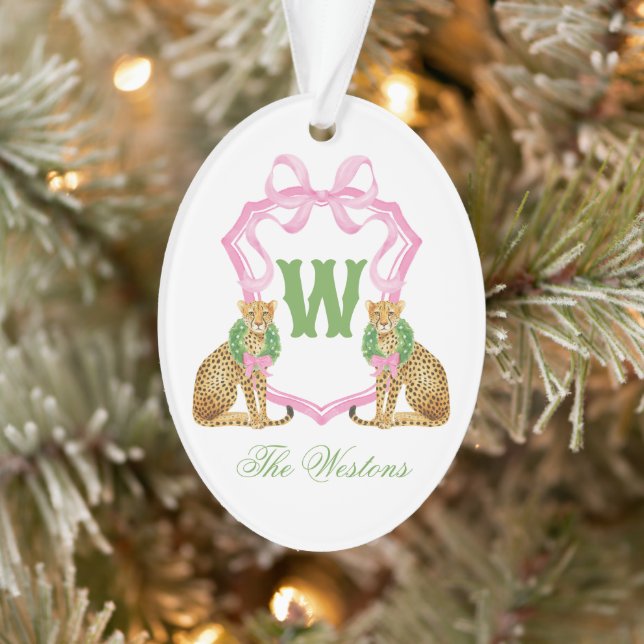Watercolor Preppy Leopard Christmas Monogram Crest Ornament (Tree)