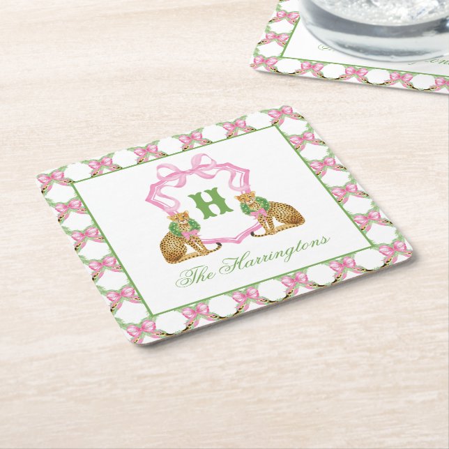 Watercolor Preppy Leopard Christmas Monogram Crest Square Paper Coaster (Angled)