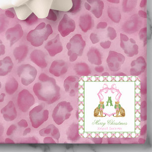 Watercolor Preppy Leopard Christmas Monogram Crest Square Sticker