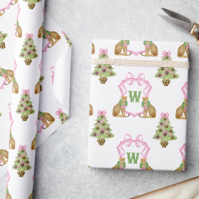 Watercolor Preppy Leopard Christmas Monogram Crest Wrapping Paper (Creator Uploaded)