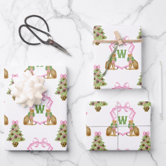 Watercolor Preppy Leopard Christmas Monogram Crest Wrapping Paper Sheet (Front)