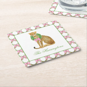 Watercolor Preppy Leopard Christmas Square Paper Coaster