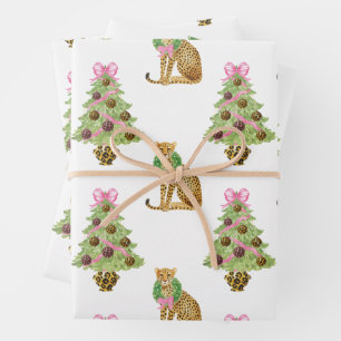 Watercolor Preppy Leopard Christmas Tree Wrapping Paper Sheet