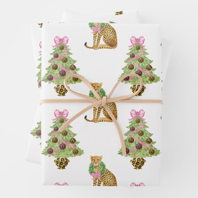 Watercolor Preppy Leopard Christmas Tree Wrapping Paper Sheet (In situ)