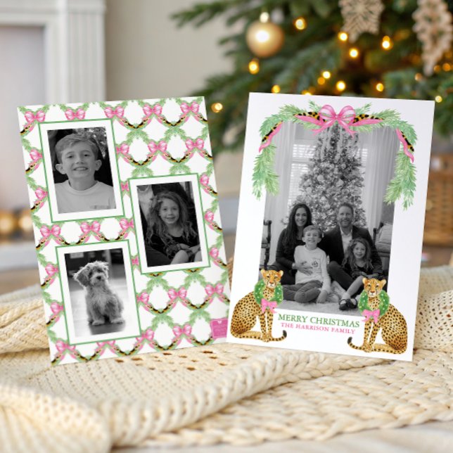 Watercolor Preppy Leopard Garland Christmas Holiday Card (Creator Uploaded)