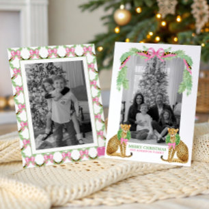 Watercolor Preppy Leopard Garland Christmas Holiday Card