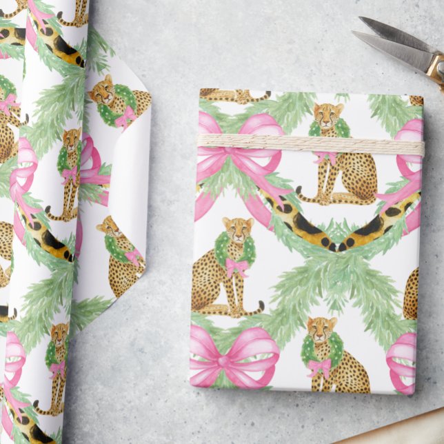 Watercolor Preppy Leopard Garland Christmas Wrapping Paper (Creator Uploaded)