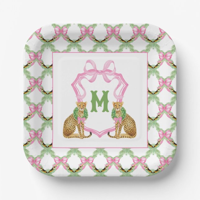Watercolor Preppy Leopard Monogram Crest Paper Plate (Front)