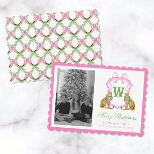 Watercolor Preppy Leopard Monogram Crest Photo Holiday Card