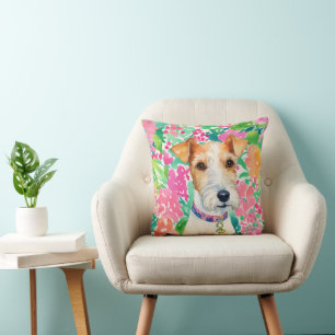 Watercolor Preppy Palm Beach Fox Terrier Dog Cushion