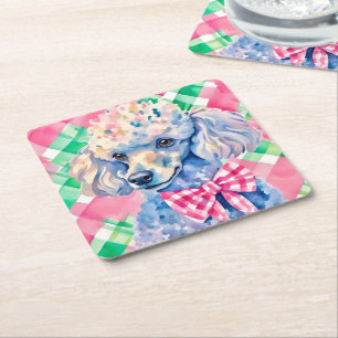Watercolor Preppy Palm Beach Gingham Poodle Dog Square Paper Coaster