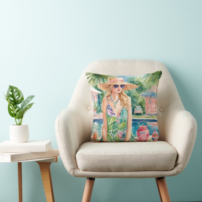 Watercolor Preppy Palm Beach Girl at the Pool Cushion (Chair)