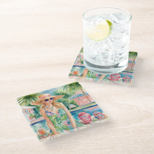 Watercolor Preppy Palm Beach Girl at the Pool Glass Coaster