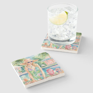 Watercolor Preppy Palm Beach Girl at the Pool Stone Coaster