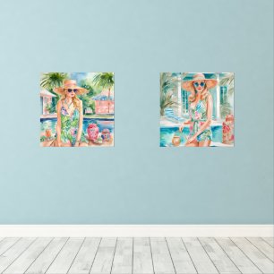 Watercolor Preppy Palm Beach Girls at the Pool