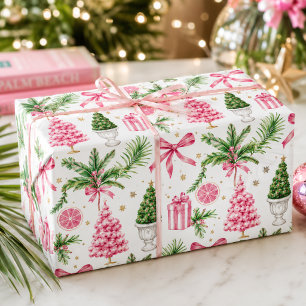 Watercolor Preppy Pink Green Palm Beach Christmas Wrapping Paper