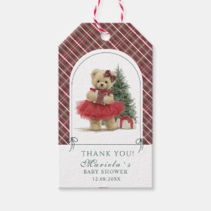 Watercolor preppy plaid teddy bear baby shower Gift Tags