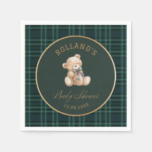  Watercolor preppy plaid teddy bear baby shower Napkin