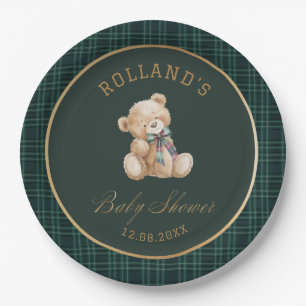 Watercolor preppy plaid teddy bear baby shower Paper Plate