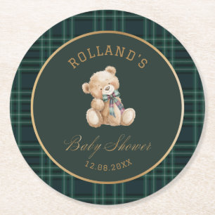 Watercolor preppy plaid teddy bear baby shower Round Paper Coaster