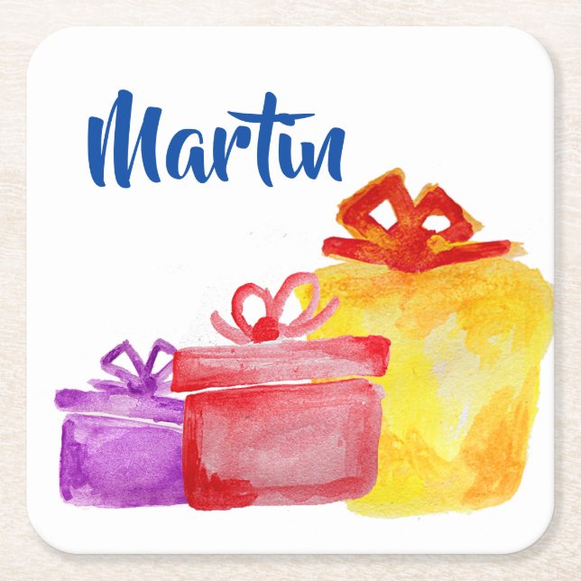 Watercolor presents in yellow, purple, red, square paper coaster (Front)