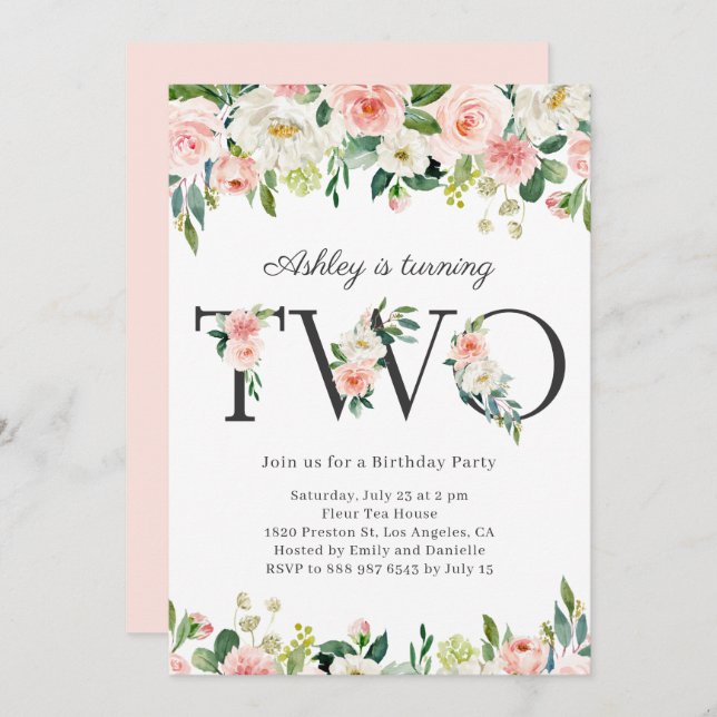 Watercolor Pretty Floral Girl Second Birthday Invitation (Front/Back)