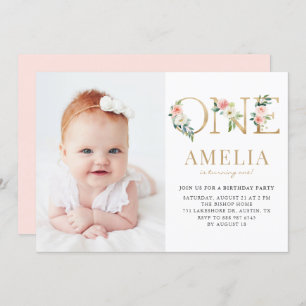 Watercolor Pretty Floral Gold First Birthday Photo Invitation