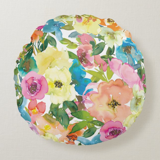 Watercolor Pretty Floral Round Cushion (Front)
