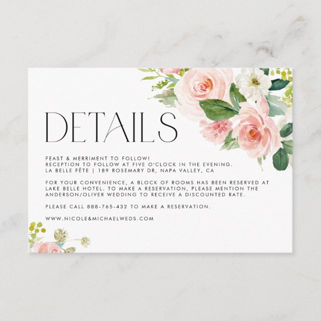 Watercolor Pretty Garden Flowers Wedding Details Enclosure Card (Front)