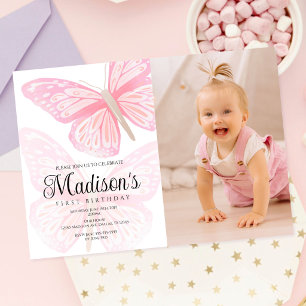 Watercolor Pretty Pink Butterflies First Birthday Invitation