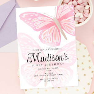 Watercolor Pretty Pink Butterflies First Birthday Invitation