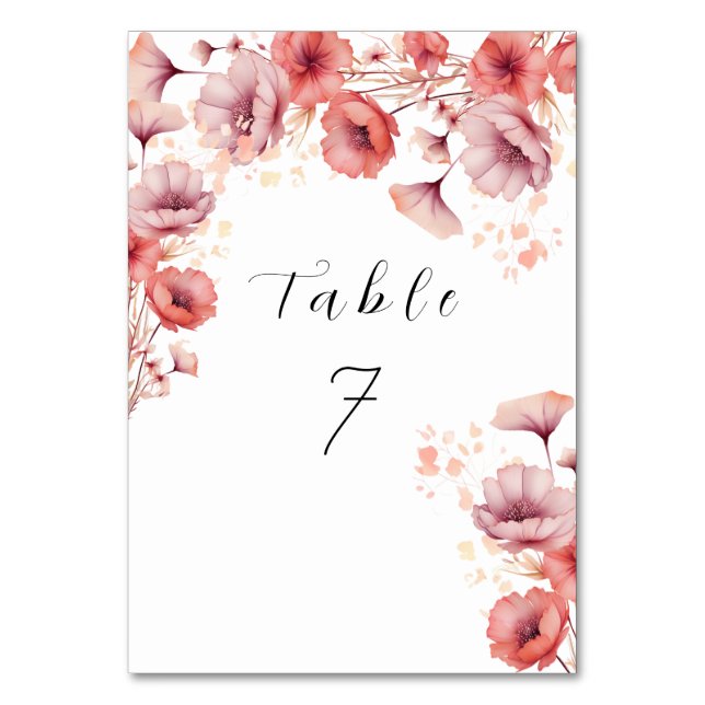 Watercolor Pretty Pink, Peach Fuzz, Wedding Table Number (Front)