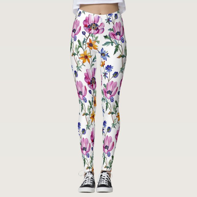 Watercolor Pretty Purple and Yellow Floral  Leggings (Front)