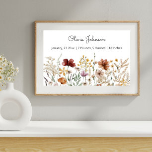 Watercolor Pretty Wildflower Baby Birth Stats Poster