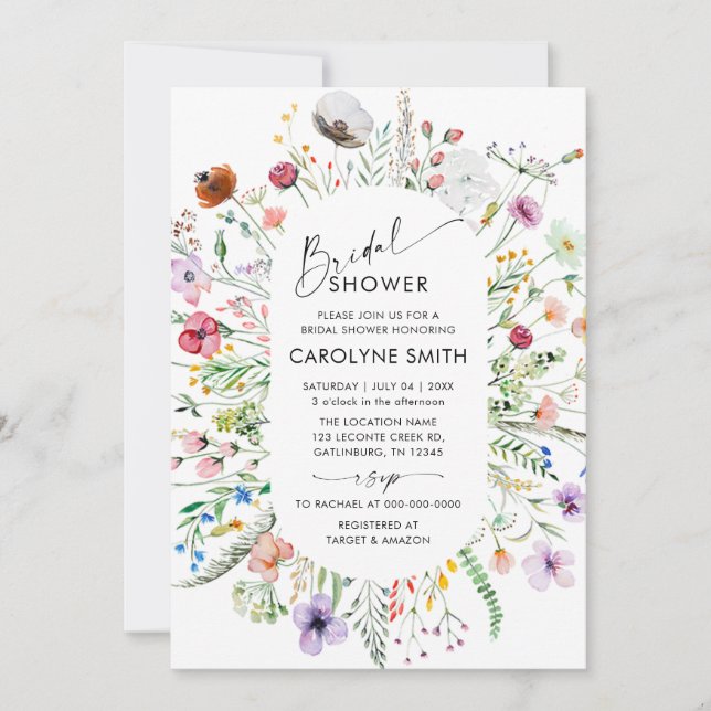 Watercolor Pretty Wildflower Meadow Bridal Shower Invitation (Front)