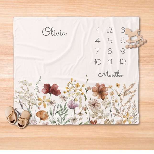 Watercolor Pretty  Wildflower Milestone Baby Fleece Blanket (In situ)