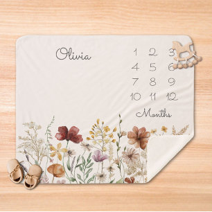 Watercolor Pretty  Wildflower Milestone Baby Sherpa Blanket