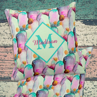 Watercolor Prickly Pear Cactus Flowers Monogram Cushion