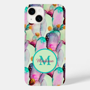 Watercolor Prickly Pear Cactus Flowers Monogrammed Case-Mate iPhone 14 Case