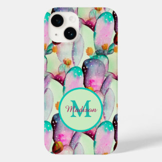Watercolor Prickly Pear Cactus Flowers Monogrammed Case-Mate iPhone 14 Case