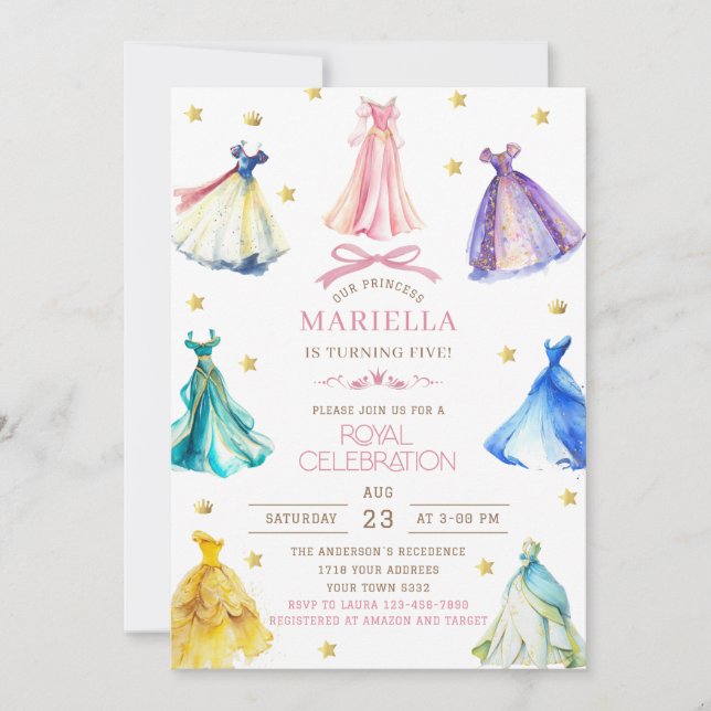 Watercolor Princess  Dress Birthday is turning fiv Invitation (Front)