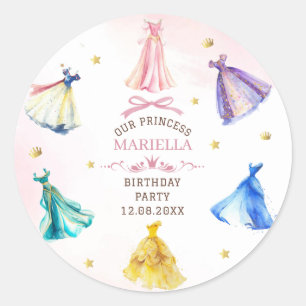 Watercolor Princess dresses royal girl birthday Classic Round Sticker