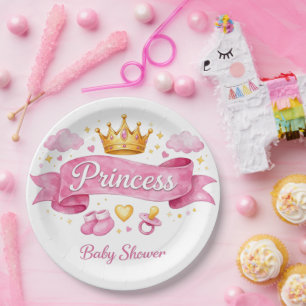 Watercolor Princess Pink Girl Baby Shower Paper Plate