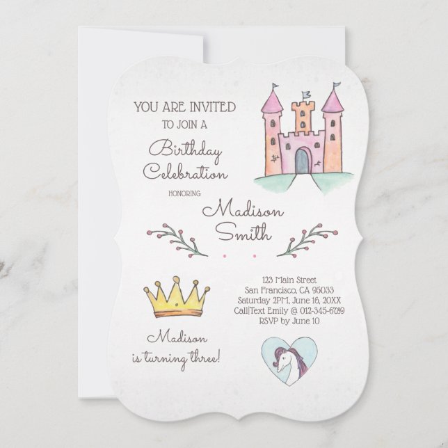 Watercolor Princess Unicorn Birthday Invitation (Front)
