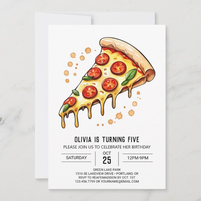  Watercolor Printable Pizza Birthday Invitation (Front)