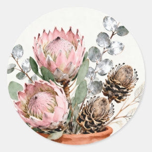 Watercolor Protea Eucalyptus Arrangement Classic Round Sticker